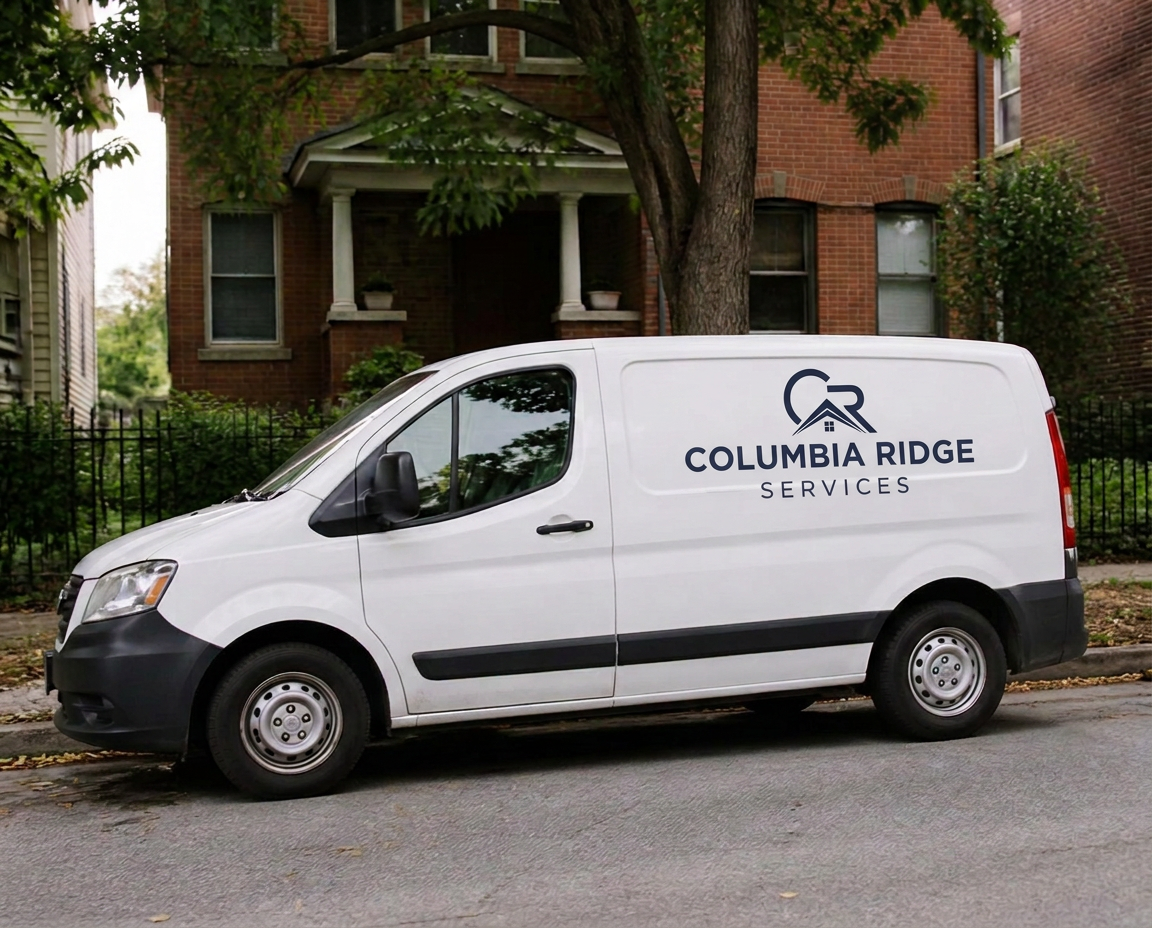 A Columbia Ridge Services branded white service van parked outside a Cincinnati brick home