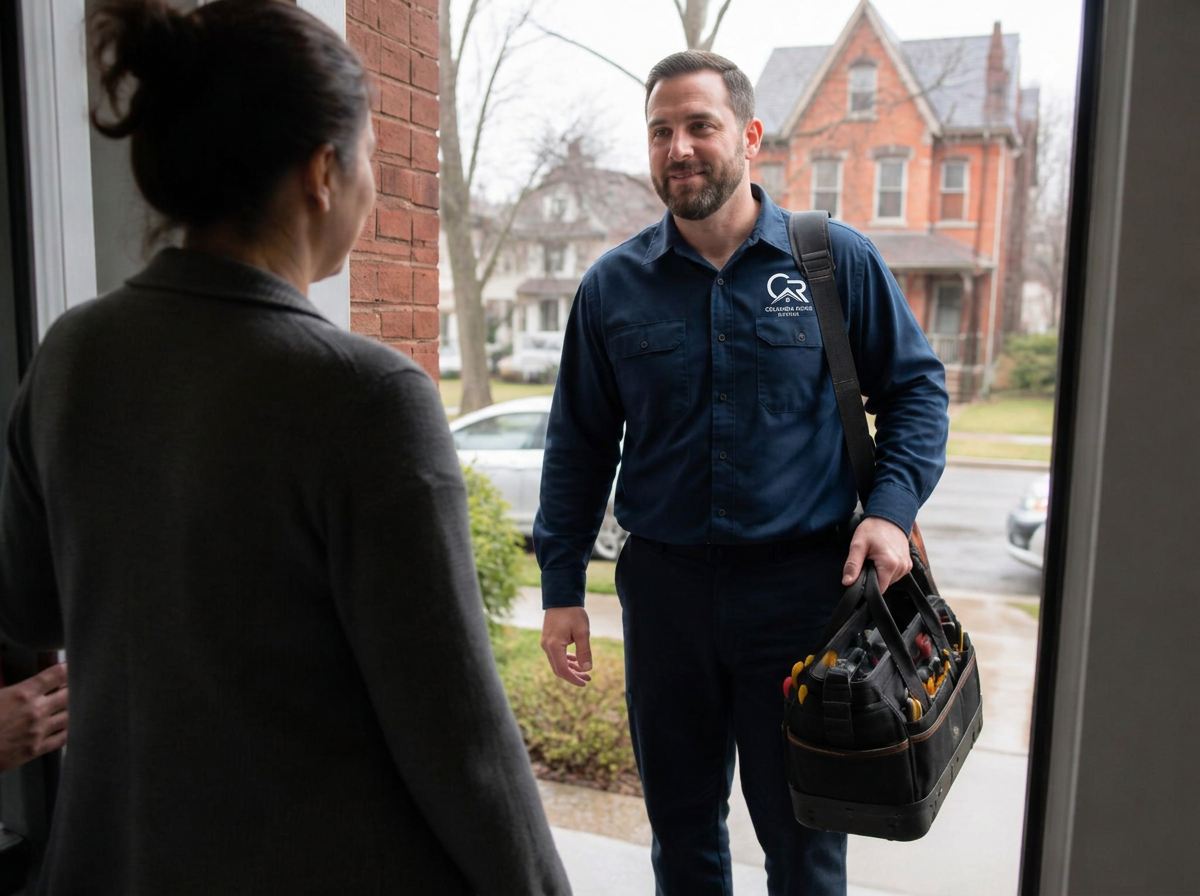 A licensed tradesperson arriving at a Cincinnati home with a tool bag