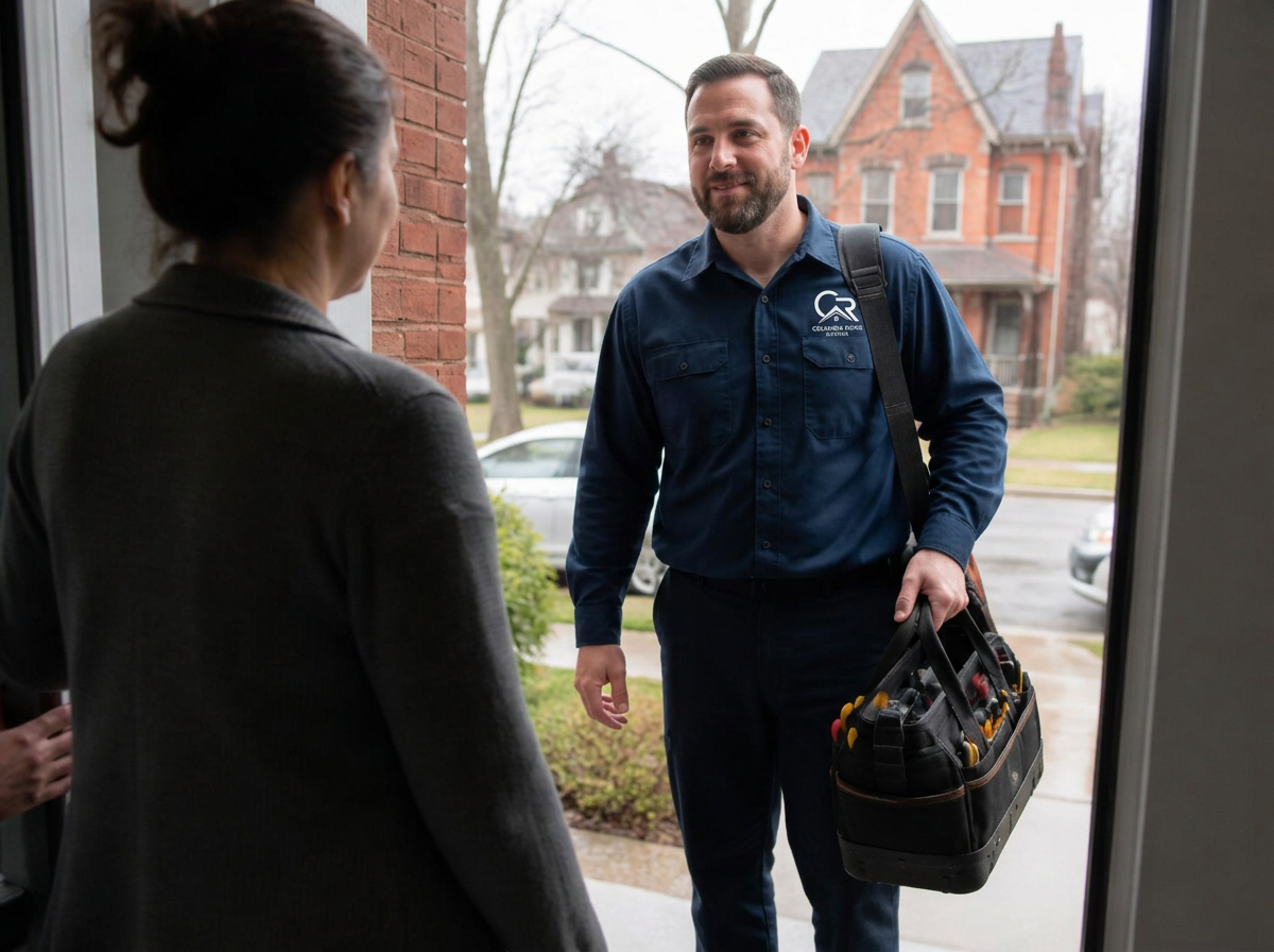 A licensed tradesperson arriving at a Cincinnati home with a tool bag
