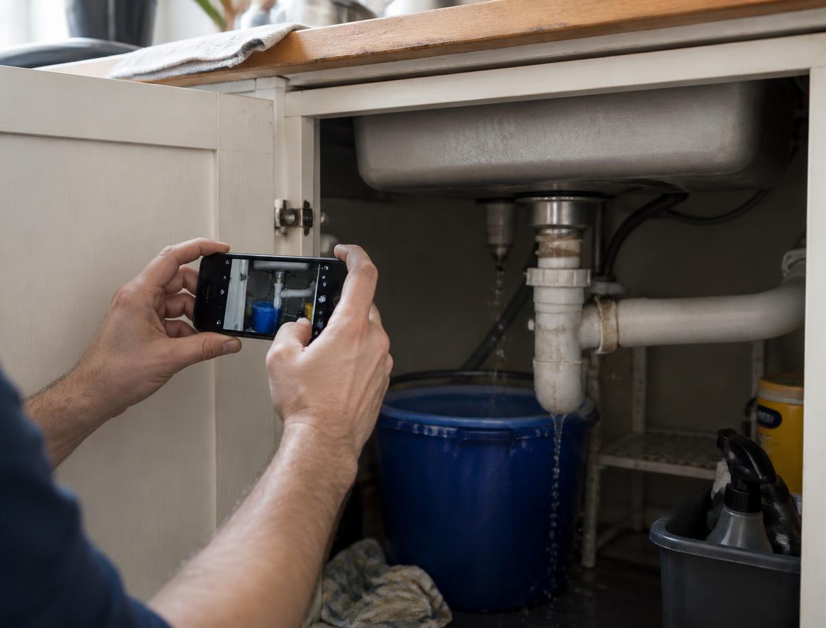 A homeowner photographing a leaking pipe under a kitchen sink with a phone